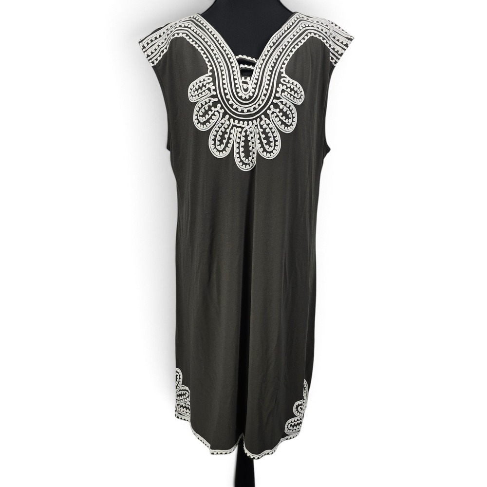 Alfani Dress Women XL Shift Olive Green Embroidered Sleeveless V-Neck Casual
